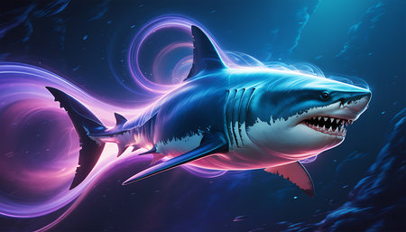 This captivating image portrays a powerful shark gliding through a mysterious underwater world adorned with glowing energy spirals The vibrant blues and purples of the surrounding deep sea environment contrast beautifully with the stark white of the sharks underbelly and the sharp details of its teeth and gills The swirling energy creates a surreal and magical atmosphere emphasizing both the raw power and the subtle beauty of this magnificent marine predator in its natural habitat highlighting the wonder of underwater lifeの素材