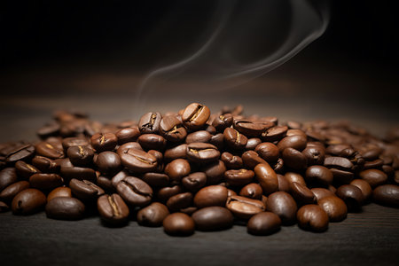 A close up studio shot captures a pile of dark roasted coffee beans resting on a dark wooden surface Wisps of steam rise gently above the beans suggesting freshness and recent roasting The low key lighting enhances the richness of the dark coffee beans and the warmth of the scene making it perfect for illustrating the essence of coffee culture early mornings and moments of simple pleasureの素材