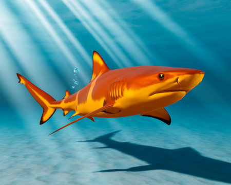 An artistic rendering shows a golden shark gracefully swimming through the clear blue ocean waters Sunlight streams down from the surface creating shimmering rays that illuminate the sandy seabed below A string of bubbles rises near the shark enhancing the underwater atmosphere The vibrant colors and attention to detail create a visually stunning representation of marine wildlife and ocean lifeの素材