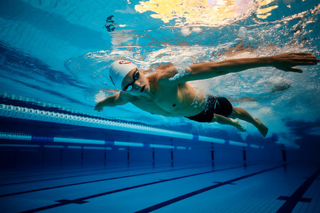 A captivating underwater shot showcases a swimmer in motion executing the freestyle stroke with skill and precision The swimmer glides through the clear blue water demonstrating impeccable form and technique The dynamic perspective highlights the athleticism and grace of the swimmer as they propel themselves forward with streamlined efficiency The underwater environment adds depth and visual interest to the scene capturing the essence of competitive swimming and physical fitnessの素材