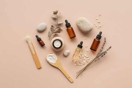 A serene still life composition showcasing a curated collection of natural skincare and beauty products The arrangement features amber glass bottles filled with essential oils a creamy face mask in a stone jar and a wooden spoon holding a dollop of rich moisturizer Pebbles eucalyptus leaves dried lavender and scattered oat flakes accentuate the natural aesthetic reflecting a commitment to organic and sustainable beauty practices This image evokes a sense of tranquility and invites viewers to consider the harmony between nature and selfcare through gentle and nurturing ritualsの素材