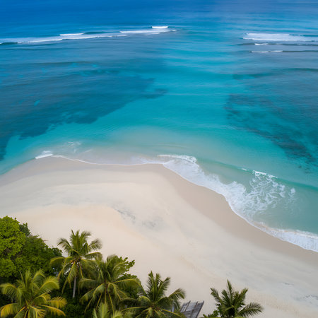 An stunning aerial perspective reveals a breathtaking tropical paradise where the powdery white sand beach meets the mesmerizing turquoise ocean Gentle waves caress the shoreline creating a soothing rhythm Lush green palm trees sway in the breeze adding to the serene ambiance This idyllic scene embodies the essence of a perfect vacation offering a tranquil escape for relaxation and unforgettable adventures The vibrant colors and natural beauty captivate the senses inviting travelers to immerse themselves in the splendor of this coastal havenの素材