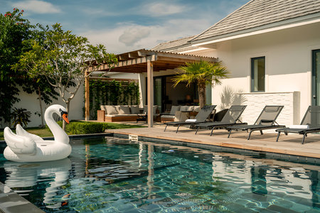 Swimming pool with white swans in luxury villa, Thailandの素材