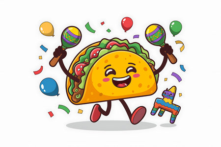 A joyful and festive cartoon illustration featuring a smiling taco character enthusiastically celebrating a fiesta The taco is shown running with maracas in its hands surrounded by colorful confetti balloons and a traditional pinata Perfect for themes such as Cinco de Mayo Mexican celebrations food illustrations festive events and joyful occasions this vibrant image evokes a sense of fun happiness and cultural richness making it ideal for various promotional and illustrative purposesの素材