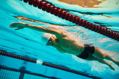 A focused male swimmer is captured underwater executing the freestyle stroke with precision and power in a bright turquoise swimming pool The swimmer clad in a white cap and goggles maintains perfect form as he glides through the water bubbles swirling around him Lane markers are visible adding a sense of perspective and highlighting the competitive nature of the sport The light refracts beautifully creating interesting patterns on the pools surface and enhancing the overall feeling of energy and athleticismの素材