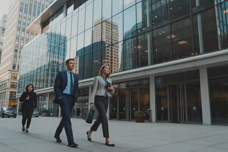 Business people walking in the city. Businessman and businesswoman walking in the city.の素材