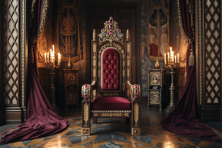 An ornate royal throne sits centered in a majestic chamber the room is adorned with rich burgundy curtains framing the scene on either side Flanking the throne are intricately designed cabinets topped with candelabras holding lit candles The throne itself is embellished with gold trim red velvet upholstery and sparkling jewels suggesting wealth and power The lighting creates a warm atmosphere enhancing the majestic and historical feel Perfect for historical narratives fantasy settings or regal themesの素材