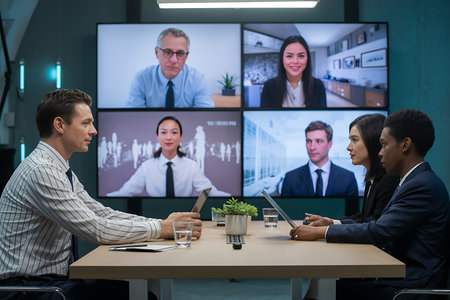 Business people having a video conference in modern office. Multiethnic corporate business team on meeting in modern office.の素材