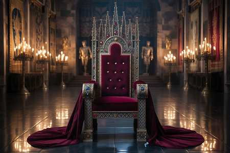 This image captures the essence of royalty and power with a grand throne as the focal point The throne is adorned with rich red velvet and intricate golden accents showcasing its majestic design Its placed in a grand hall or chamber illuminated by numerous candles adding a dramatic touch to the scene The background features statues and elaborate architectural details emphasizing the regal atmosphere and the symbol of authority that the throne represents The composition and lighting create a sense of awe and reverenceの素材