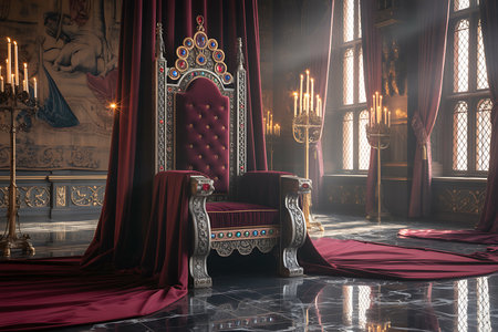 A luxurious throne room bathed in soft light features a richly decorated throne adorned with jewels and covered in plush burgundy fabric Elaborate candelabras provide illumination casting elegant shadows across the polished marble floor Heavy burgundy drapes frame tall windows adding to the rooms regal atmosphere A tapestry hangs on the wall This scene evokes a sense of royal power and historical grandeur ideal for themes of royalty history and fantasyの素材