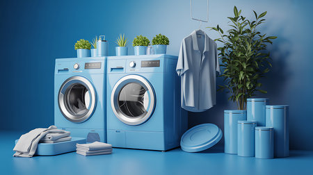 Laundry room with washing machines and towels. 3d renderingの素材