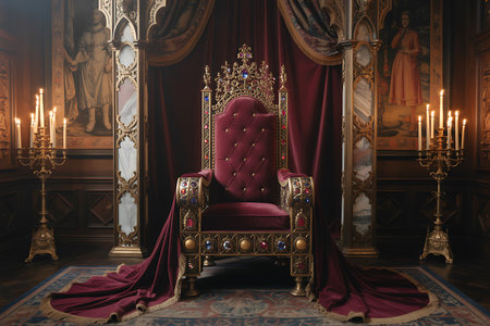 An evocative image featuring an opulent throne room dominated by a richly ornamented throne upholstered in deep red velvet and adorned with gold detailing and precious jewels The throne commands attention against a backdrop of heavy red drapes positioned between ornate pillars and classic paintings The room is softly illuminated by the warm glow of numerous candles in golden candelabras adding to the historical and regal atmosphere This scene conveys a sense of power prestige and luxurious tradition making it perfect for themes related to royalty history or high fantasyの素材