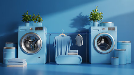 Laundry room with washing machine and clothes - 3d renderingの素材