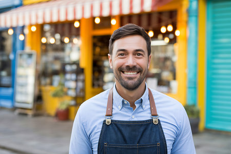Portrait of smiling barista in apron standing in front of coffee shopの素材