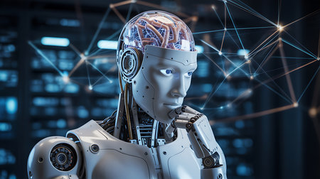 3d rendering humanoid robot working with digital network connection on dark backgroundの素材