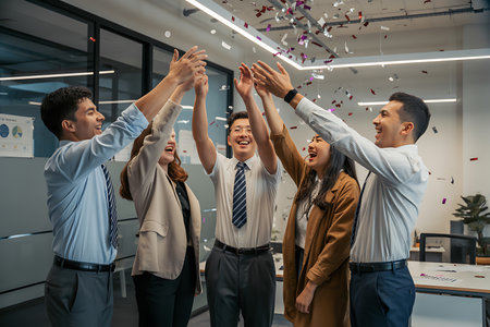 A group of five diverse business professionals are captured in a jubilant moment in their modern office Their faces radiate excitement and joy as confetti rains down on them celebrating a major milestone or achievement in a light filled office space reflecting the camaraderie and team spirit with smiles high fives and positive energy in a professional workspaceの素材
