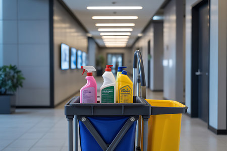 Bin with cleaning products in the corridor of the airport. 3d renderingの素材
