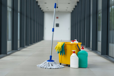 A bright yellow cleaning bucket sits with a mop and cleaning supplies ready to be used in a modern office or commercial building The corridor is clean and wellmaintained with ample lighting and dark gray window frames The scene suggests a focus on cleanliness and hygiene reflecting the importance of professional cleaning services in maintaining a healthy and productive work environment The gloves cleaning solutions and mop are all arranged to be easily accessible for the cleaning staff to use The overall image emphasizes a commitment to hygiene and attention to detail in building maintenanceの素材