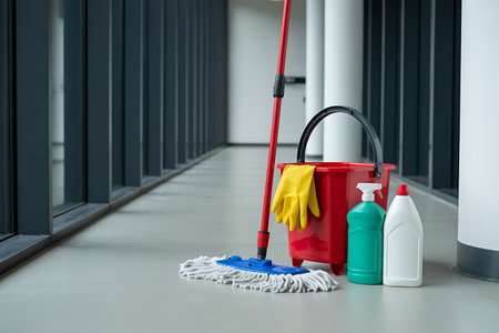 A red cleaning bucket holds yellow gloves and cleaning solutions along with a mop on a polished gray floor A large window with dark gray panes stretches into the background offering natural light to the area ready for mopping and providing a clean and hygienic environment for working or living in the interior space of a buildingの素材