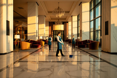 This image captures the daily routine of hotel cleaning staff meticulously maintaining the pristine condition of an elegant lobby A woman is sweeping with a broom and dustpan while other maids standing in the background The expansive marble floor reflects the warm sunlight streaming through large windows highlighting the luxurious atmosphere The scene exudes professionalism cleanliness and attention to detail which is crucial for a positive guest experience in the hospitality industry It also showcases the hotels commitment to upkeep and providing a welcoming environmentの素材