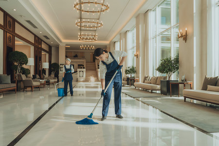 Two cleaning staff members are seen maintaining the pristine condition of a hotel lobby showcasing a commitment to hygiene and customer satisfaction One staff member is actively mopping the polished floor while the other stands by with a bucket illustrating a team effort in maintaining cleanliness The luxurious lobby is adorned with chandeliers and large windows enhancing the visual appeal and reflecting the hotels dedication to providing a pleasant and welcoming environment for its guests This scene emphasizes the importance of professional service in the hospitality industry ensuring a positive and memorable experience for visitorsの素材