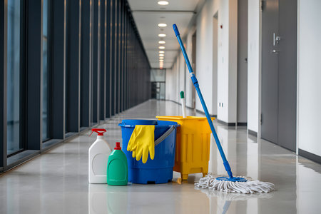 This image captures janitorial cleaning supplies staged in a modern office building showcasing a clean and organized environment prepared for maintenance The supplies include a mop with a blue handle alongside a bucket of cleaning solutions all set against the backdrop of a long hallway with sleek architecture and uniform lighting The scene highlights the importance of cleanliness in maintaining a professional atmosphereの素材