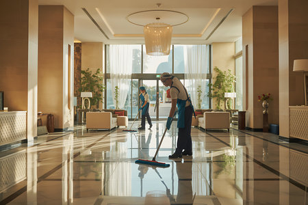 A meticulously maintained hotel lobby gleams under the soft glow of overhead lighting where a cleaning team diligently works to uphold the highest standards of hygiene Two individuals dressed in professional attire armed with mops ensure the pristine condition of the marble floors The scene reflects the dedication to cleanliness and commitment to providing exceptional customer service ensuring a welcoming and impeccable environment for guests upon arrival and departure within the hotel lobby spaceの素材