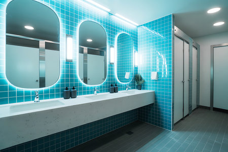 This photograph showcases a contemporary public restroom with a striking interior design The walls are adorned with vibrant turquoise tiles creating a visually appealing and refreshing atmosphere Illuminated mirrors with sleek frames add a touch of sophistication while providing functional lighting The long white countertop features multiple sinks complemented by stylish faucets and soap dispensers The overall design emphasizes cleanliness hygiene and a modern aesthetic creating a welcoming and functional space for usersの素材
