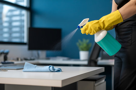 A person wearing yellow gloves is spraying disinfectant on a white office desk with a blue microfiber cloth nearby in an office setting The focus is on maintaining hygiene and cleanliness in the workplace by using a sanitizer to eliminate viruses germs and bacteria The image captures the effort of disinfecting surfaces to promote a healthier work environment for employees The background includes a computer monitor and office plants adding context to the sceneの素材