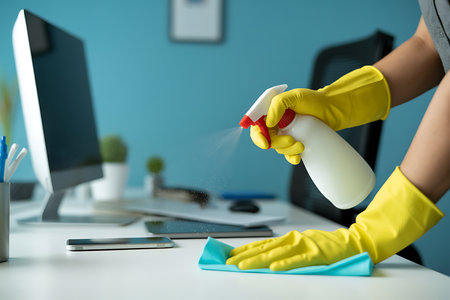 A pair of hands wearing bright yellow protective gloves is shown cleaning an office desk with a white spray bottle and a blue microfiber cloth The person is actively spraying disinfectant onto the surface In the blurred background theres a computer screen stationery and a small potted plant The photo suggests a focus on hygiene and cleanliness in the workplace emphasizing safety and wellbeing for office workers through regular disinfection proceduresの素材