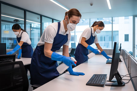 Portrait of female staff cleaning computer in office during coronavirus outbreakの素材