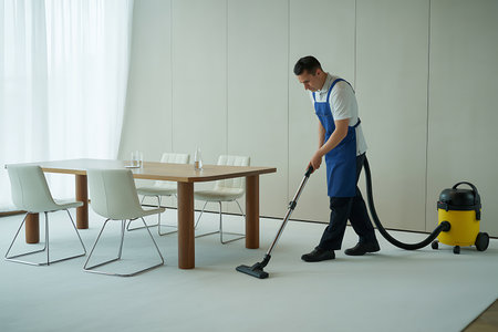 A uniformed cleaner is vacuuming a minimalist dining room with a yellow vacuum cleaner the space features a large wooden table with modern white chairs and clear glass items the scene exudes cleanliness professionalism and a contemporary aesthetic highlighting the importance of hygiene and maintenance in a stylish home or office setting the rooms design emphasizes simplicity and functionality showcasing the value of a tidy environment for a comfortable living or working spaceの素材