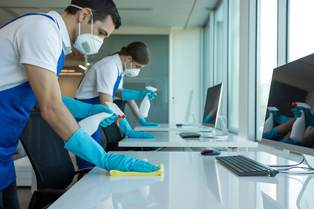 Team of young professional cleaners cleaning computer in office. Man and woman in protective masks and gloves.の素材