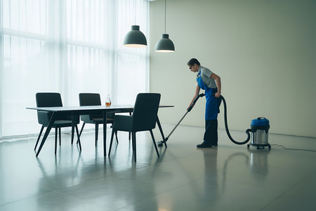 professional janitor cleaning floor with vacuum cleaner at modern home office.の素材