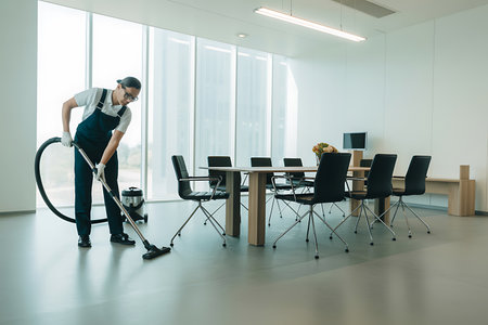 young man cleaning the office with a vacuum cleaner in the modern officeの素材