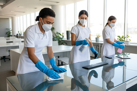 A group of dedicated cleaning professionals are diligently disinfecting a modern office space while wearing protective face masks and gloves They are wiping down desks and other surfaces to ensure a clean and hygienic environment for workers They use disinfectant sprays and microfiber cloths The background shows large windows and a bright airy space suggesting a wellmaintained and professional work environment highlighting the importance of workplace hygiene during pandemic timesの素材