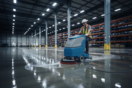Manual worker cleaning floor with vacuum cleaner in warehouse. Mixed mediaの素材