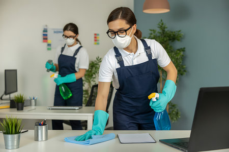 This image portrays two professional cleaning women meticulously sanitizing office desks They are wearing protective face masks and gloves signifying a commitment to hygiene and health standards One cleaner is wiping down the desk with a cloth while the other is using a spray bottle The scene takes place in a modern office setting with laptops plants and office supplies visible emphasizing the importance of maintaining a clean and safe workspace for employees The focus is on preventative measures during flu season or ongoing health concernsの素材