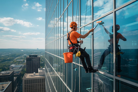 A man in a helmet and overalls climbs the wall of a skyscraper.の素材