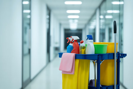 A bright and clean hospital corridor is the backdrop for a wellstocked cleaning supplies cart showcasing the importance of janitorial services in healthcare settings The cart is filled with colorful spray bottles buckets and cleaning cloths highlighting a commitment to hygiene and patient safety This image emphasizes the vital role of environmental maintenance in preventing the spread of infections and ensuring a healthy hospital environment for patients staff and visitors alike The long hallway with its blurred background suggests a large facility dedicated to providing comprehensive care The focus on the cleaning cart demonstrates the proactive approach to maintaining a sterile and welcoming atmosphereの素材