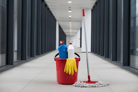 This image features a red bucket filled with cleaning supplies like a blue spray bottle a white bottle and yellow gloves accompanied by a mop all positioned in a well lit hallway of a modern office building with a row of rectangular windows The scene portrays the essential tools and equipment used in janitorial services highlighting the significance of maintaining cleanliness hygiene and orderliness in professional settings to promote a healthy and productive work environmentの素材