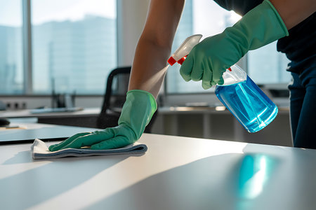 A worker wearing green rubber gloves is cleaning and sanitizing an office desk to maintain a healthy and hygienic workspace The cleaning person is spraying disinfectant from a bottle while wiping the surface with a microfiber cloth removing germs bacteria and viruses to prevent the spread of illness ensuring a clean and safe environment for employees and visitorsの素材
