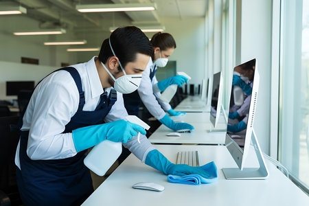 A dedicated team of cleaning professionals is shown meticulously sanitizing office desks and computer equipment Both individuals are wearing protective face masks and gloves demonstrating commitment to workplace hygiene during the ongoing pandemic They are using spray bottles and microfiber cloths to thoroughly clean and disinfect surfaces ensuring a healthy and safe environment for employees The modern office setting highlights the importance of cleanliness and preventative measures in todays professional worldの素材