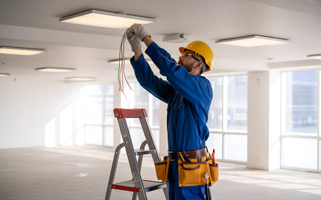 Portrait of a male electrician working on a ladder in a new buildingの素材