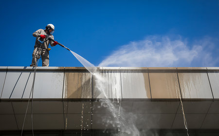 worker spraying water on the roof of a building with a high pressure washerの素材