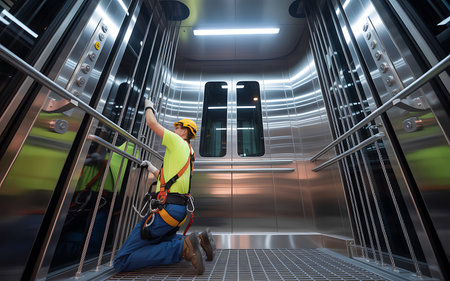 Worker in safety helmet and reflective vest sitting on the floor of elevatorの素材