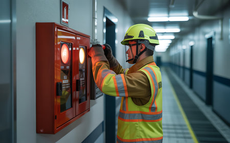 Fireman working on fire alarm system in a building. Fire fighting and rescue concept.の素材