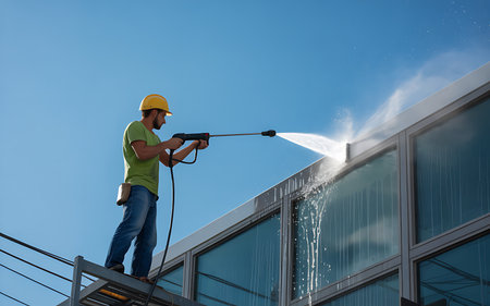 Worker spraying water on building with high pressure water jet in front of blue skyの素材