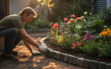 Gardener planting flowers in the garden. Gardening concept.の素材