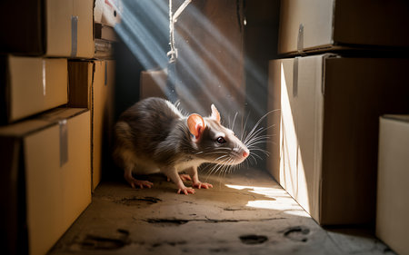 The rat is looking through the window. The concept of moving to a new home.の素材